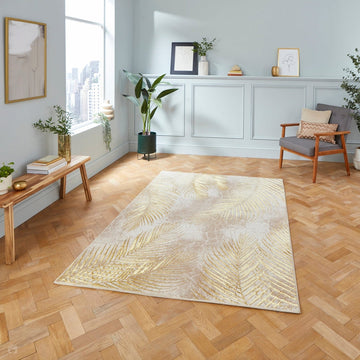 Creation 50051 Modern Botanical Ventation Distressed Metallic Shimmer Soft Textured Low Profile Short-Pile Beige/Gold Rug-Think Rugs-Rug Love - The Most Loved Rug Store
